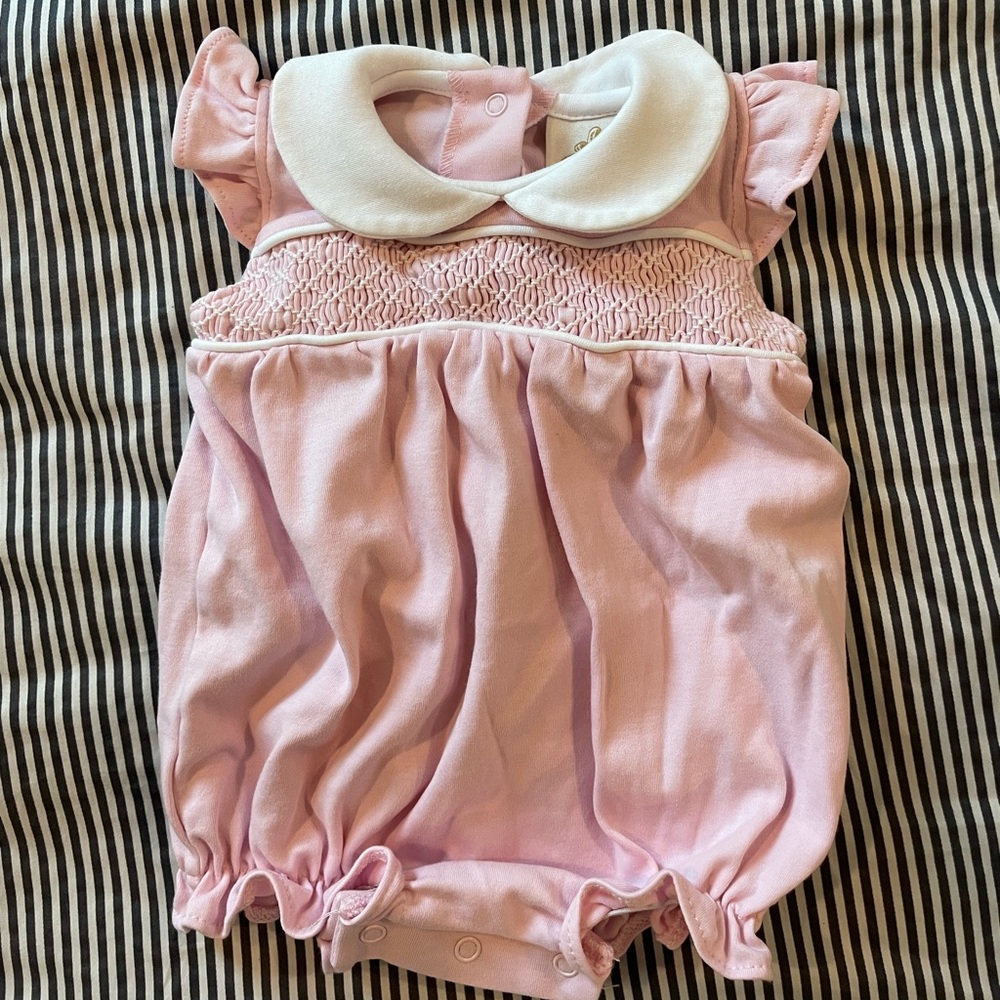 The Beaufort Bonnet Company smocked pink bubble onesie 0-3M